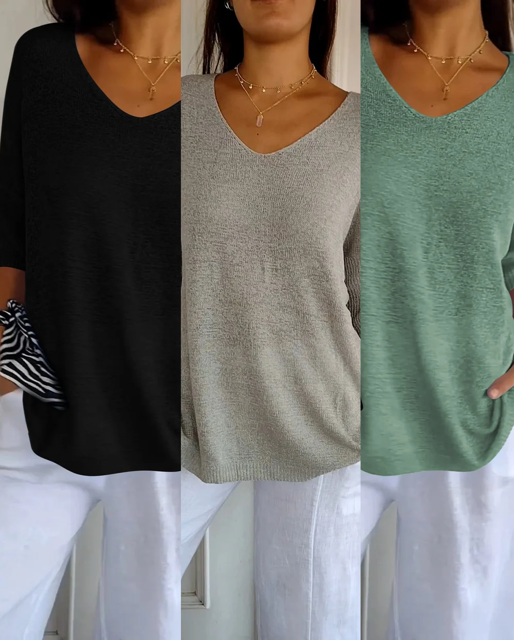 Kit 3 Blusas Serena® em Malha Leve – Decote V